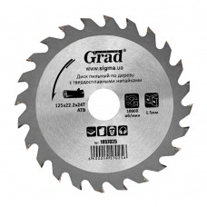 Диск пиляльний по дереву з твердосплавними напайками Ø125×22.2×24Т, 10000об/хв GRAD