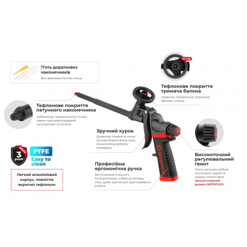Пістолет для монтажної піни з повним тефлоновим покриттям професійний + 4 насадки INTERTOOL (PT-0610)