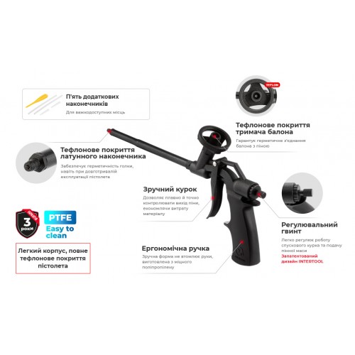 Пистолет для монтажной пены с полным тефлоновым покрытием, профессиональный INTERTOOL (PT-0606)
