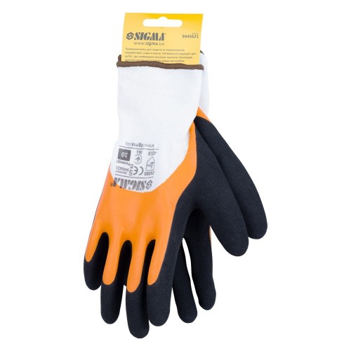 Перчатки трикотажные с двойным латексным покрытием р10 (желто-черные манжет) SIGMA