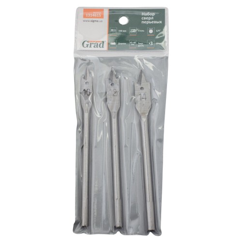 Набір свердл по дереву перових 3шт (Ø10, 12, 14мм; довжина 150мм) GRAD (1314615)